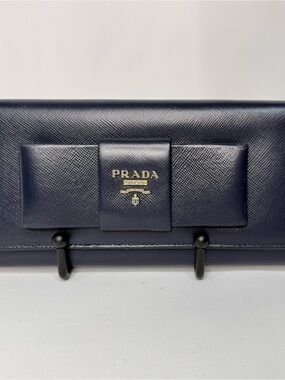 Prada Navy Saffiano Leather Bow Wallet with Gold Logo